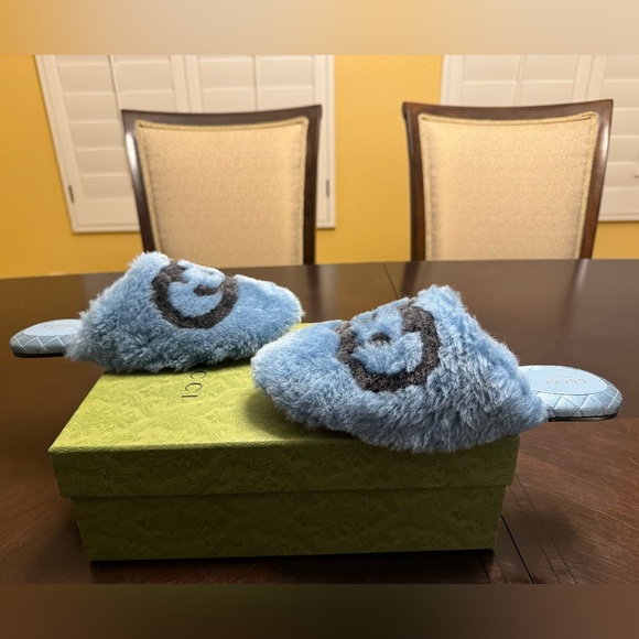 New Gucci GG Faux Fur Slip On Slides Blue Black Size 38 / US 8 - Picture 9 of 15